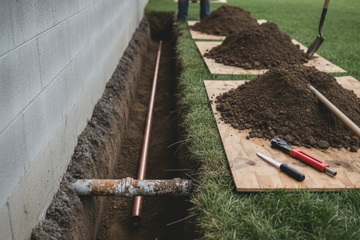 Excavated water line trench during Water Heater Repair in Mounds